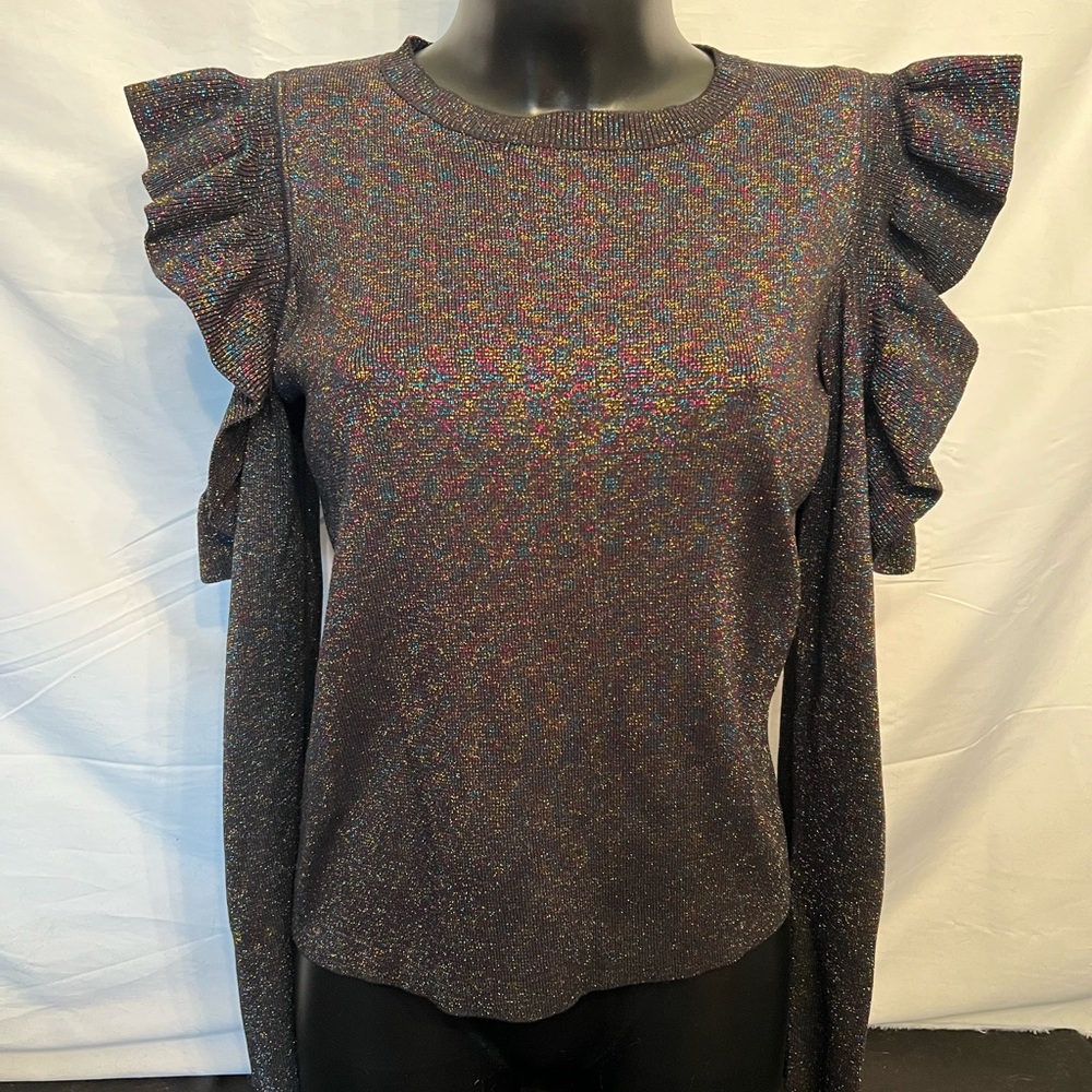 SUNSET + SPRING Women’s Black Metallic Cold Shoulder Sweater. Size M. M-12